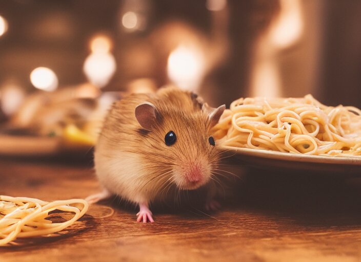 photo of a hamster eating spaghetti, at night, candlelit restaurant table, various poses, unedited, soft light, centered, sharp focus, 8 k 