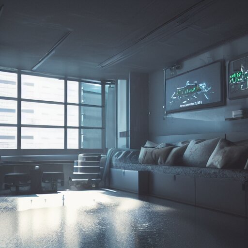 cyberpunk apartment, futuristic, apartment, night, rain, volumetric light, ray traced, photography, behance 