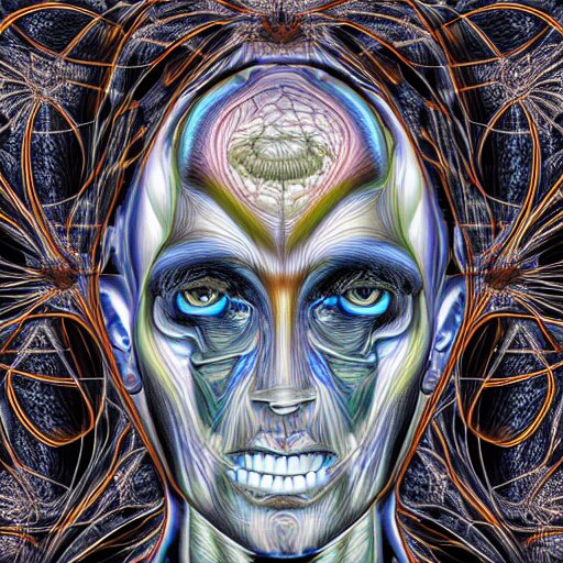 full anterior shot human anatomical render in the style of alex grey, with an ornate fractal background featuring eyes