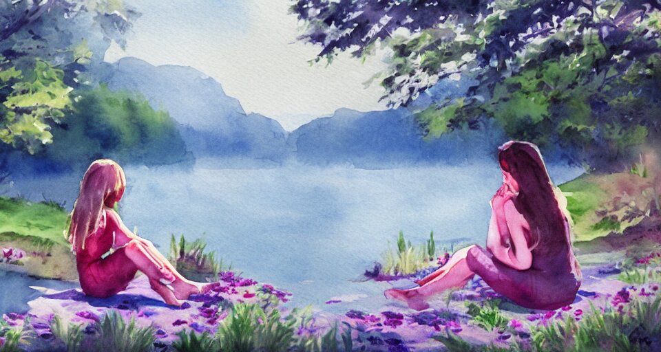 watercolor painting of flowers by the lake, dramatic lighting, peaceful, girl sitting, 