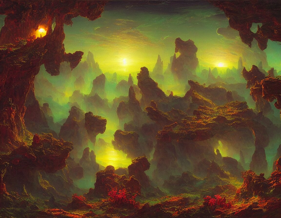 night on a trippy alien planet full of bioluminescent flora, concept art by albert biertadt, thomas cole, frederic edwin church, hudson river school, majestic, awe - inspiring, breathtaking 