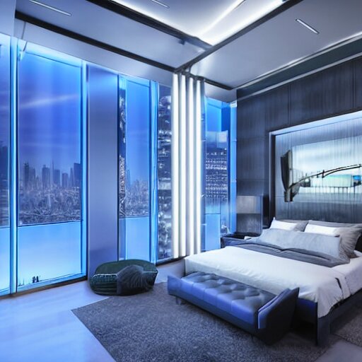 a futuristic luxury white bedroom with ceiling high windows looking out to a cyberpunk cityscape with flying cars, night time, neon lights, cinematic 3d render