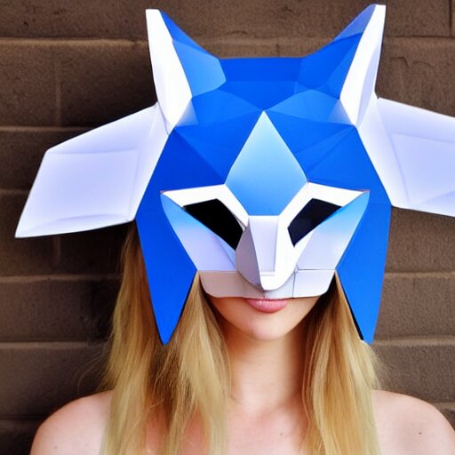 a young blue-eyed blonde woman wearing a lowpoly fox mask made of transparent glass, looking sideways seductively