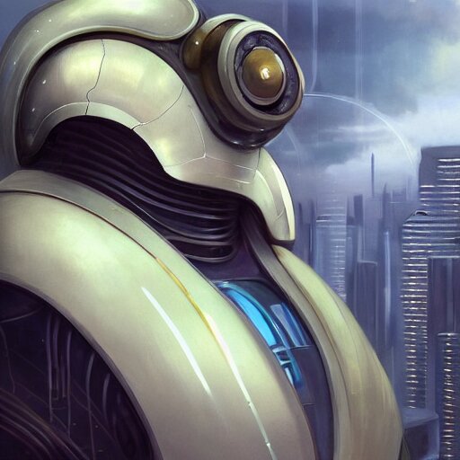 beautiful delicate imaginative streamlined futuristic close up portrait of a tardigrade, sitting with elegant deadly looks, mechanical body on gold linings, smooth white and soft by ruan jia, tom bagshaw, alphonse mucha, krenz cushart, beautiful cyberpunk buildings in the background, epic sky, vray render, artstation, deviantart, pinterest, 5 0 0 px models 