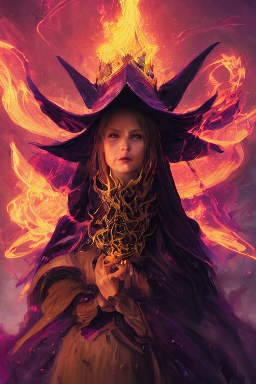 a fancy portrait of a beautiful dark magician girl with a large witches hat covered in colourfull flames by Greg Rutkowski, Sung Choi, Mitchell Mohrhauser, Maciej Kuciara, Johnson Ting, Maxim Verehin, Peter Konig, final fantasy , mythical, 8k photorealistic, cinematic lighting, HD, high details, atmospheric,