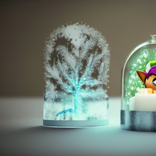 Snow globe, candles, Gustav Klutsis, octane render, Fallout, Pietro Fragiacomo, Legend of Zelda, mist, snow, pine tree, Aloe vera, swamp, dollar bill, shed