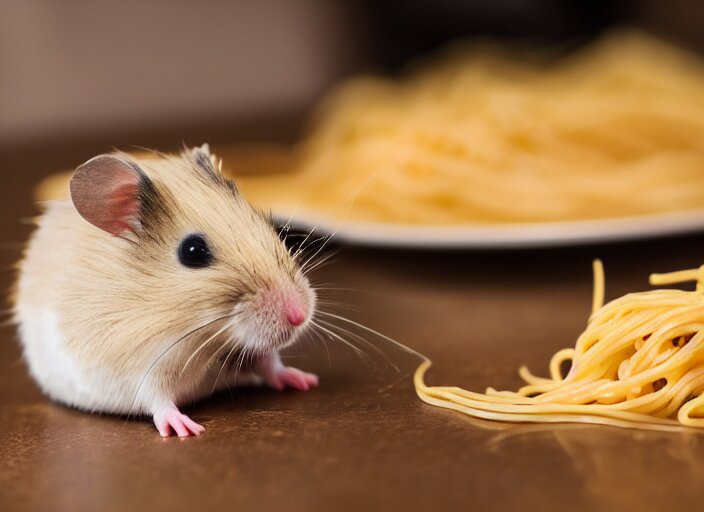 photo of a hamster eating spaghetti, at night, candlelit restaurant table, various poses, unedited, soft light, centered, sharp focus, 8 k 