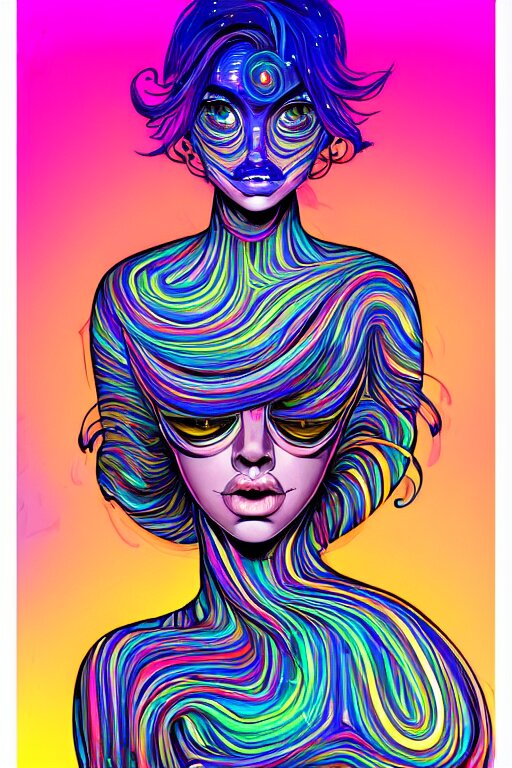 a award winning portrait of a beautiful woman with stunning eyes in a one off shoulder croptop and cargo pants with rainbow colored hair, outlined by whirling illuminated neon lines and fine lines swirling in circles by joe fenton, digital art, trending on artstation 