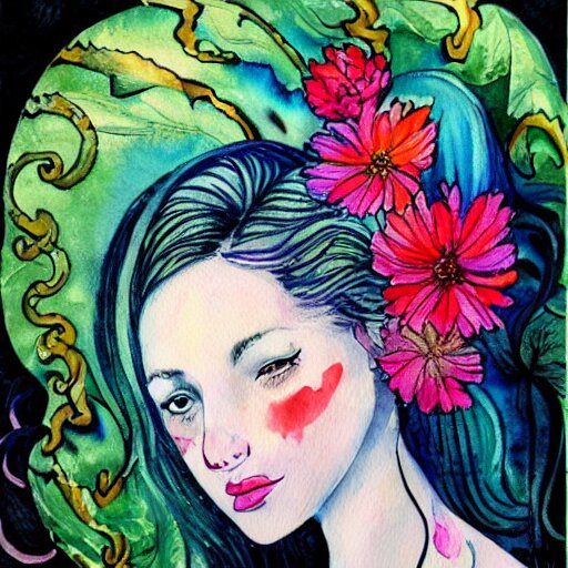 a painting of a woman with flowers in her hair, a watercolor painting by alice mason, deviantart, psychedelic art, deviantart, detailed painting, watercolor 