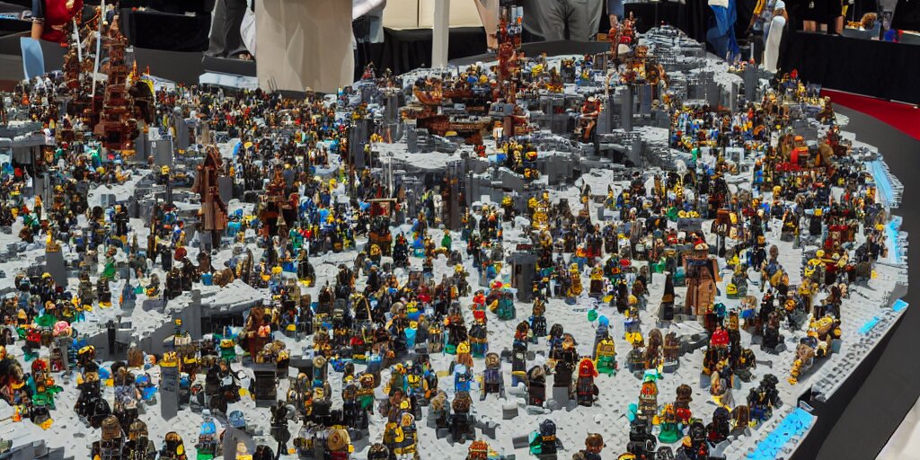 wide shot lens photo of a very intricately detailed and epically shaped 2. 5 meter tall assassin creed lego statue designed by a master builder as displayed at a lego convention, low angle shot. 