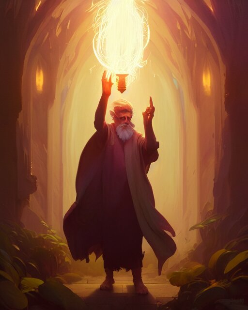 highly detailed vfx portrait of an old mage casting a light spell, unreal engine, greg rutkowski, loish, rhads, beeple, makoto shinkai and lois van baarle, ilya kuvshinov, rossdraws, tom bagshaw, alphonse mucha, global illumination, detailed and intricate environment 