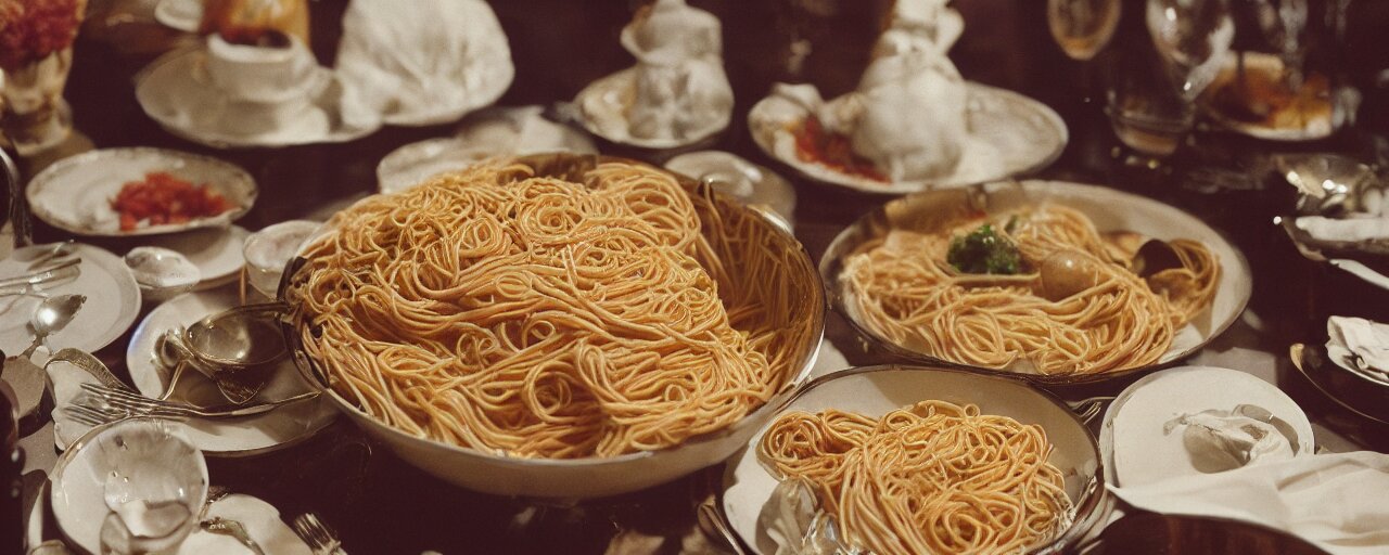 a large bowl of spaghetti, beautifully plated on a full buffet table, small details, intricate, sharply focused, canon 5 0 mm, wes anderson film, kodachrome 