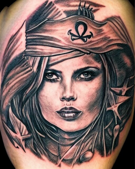 A beautiful woman warrior faded on a background of a beautiful pirate ship, realism tattoo drawing, hyper realistic, shaded