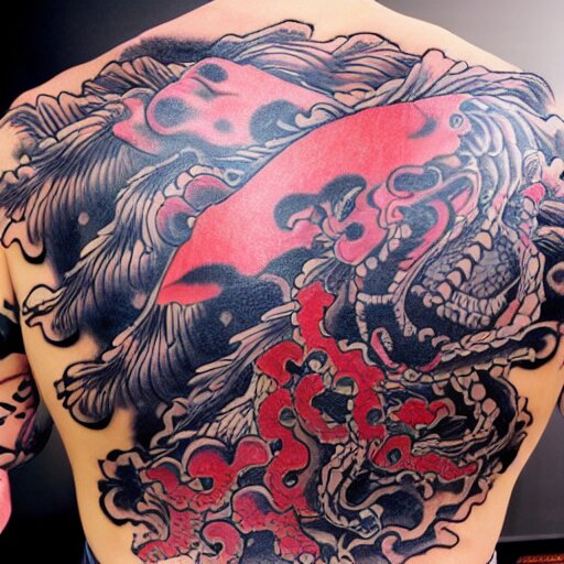 photograph of a Japanese back tattoo, colourful ink, traditional Japanese pattern depicting a werewolf, highly-detailed, beautiful, award winning, 8k