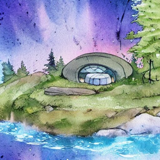 beautiful happy picturesque charming sci - fi organic homes in a beautiful natural scene. water, trees and rocks. beautiful light. grainy and rough. soft colour scheme. beautiful artistic detailed watercolor by lurid. ( 2 0 2 2 ) 