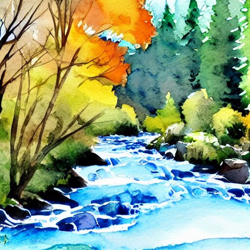 river, mountains, beautiful trees, watercolor painting 