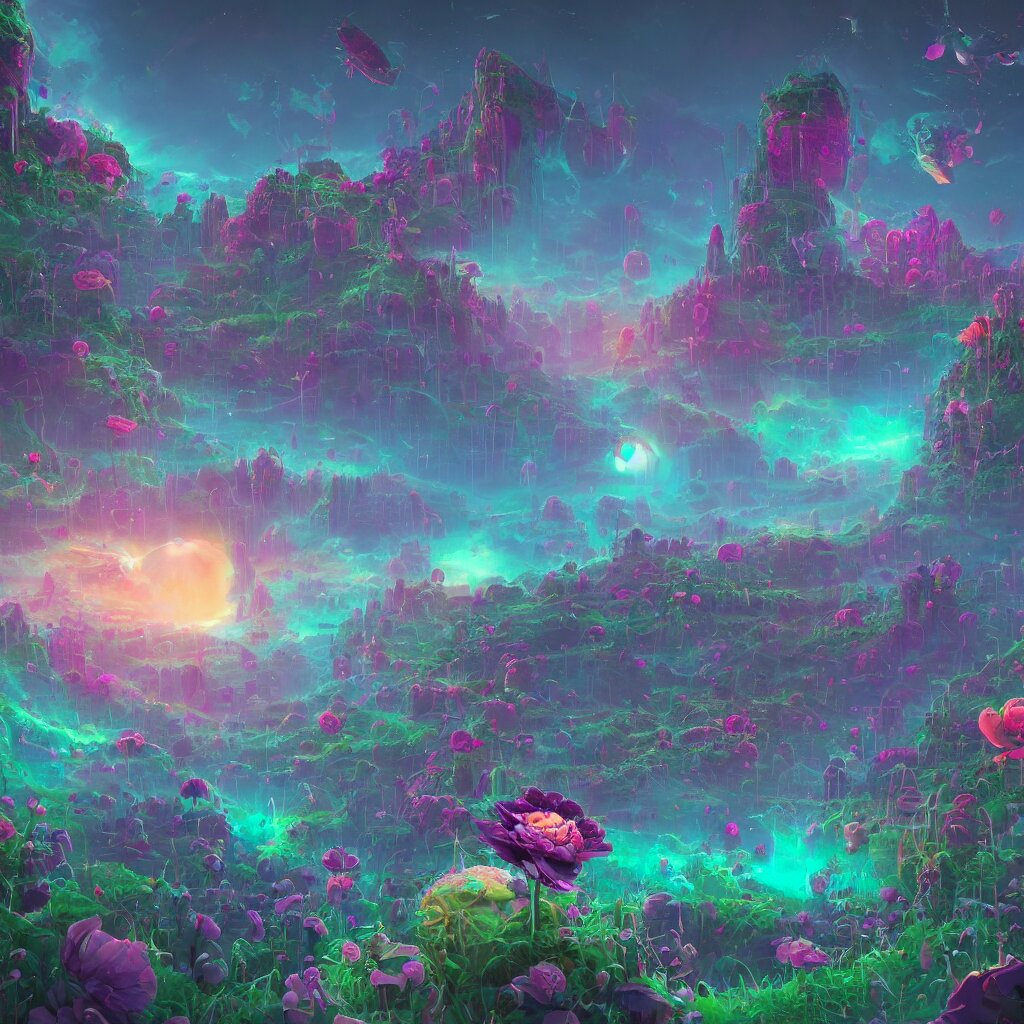 concept art, a world full of life divine thrill of the biological tranquil sky, atoms floating, cosmic horror, gothic harts, flowers, artwork by beeple and lisa frank, fantasy art, high - detailed, 8 k, uhd 