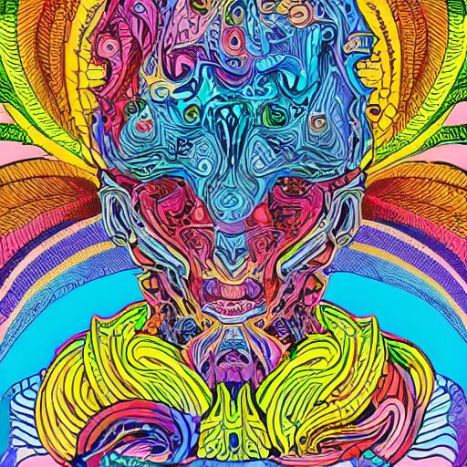 chaos in my head, intricate ink illustration, vibrant colors, rainbow colors, white background, maximalist, 8 k 