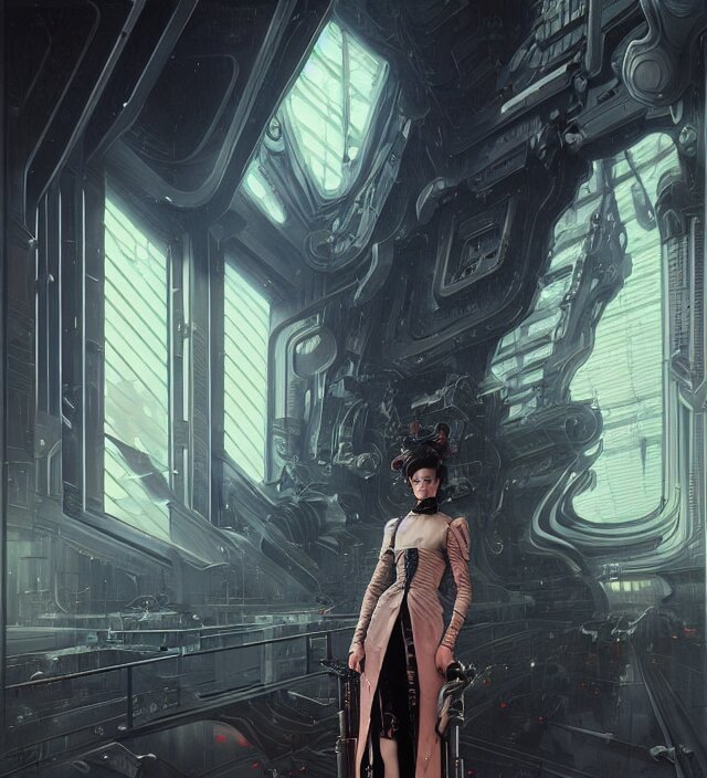 a baroque portrait of a retrofuturistic assassin in light surrounded by advanced architecture. minimalist dark wet architecture with some highly detailed science fiction details, rich colors, high contrast, moody dark background. trending on artstation an ultrafine hyperdetailed colorfull illustration by greg rutkowski, kim jung gi, moebius, irakli nadar, alphonse mucha, ayami kojima, amano, greg hildebrandt, syd mead and mark brooks, female, feminine, art deco, new baroque, intricate linework, colors by frank frazetta 