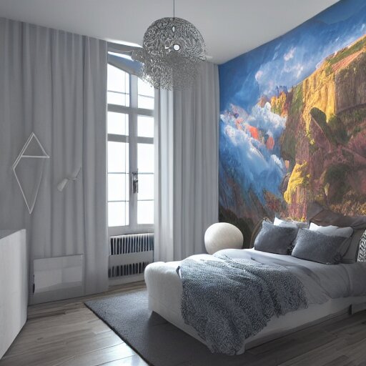 a cozy bedroom interior with wall murals painted by a genius, detailed, high resolution, wow!, intricate, volumetric lighting, raytracing 