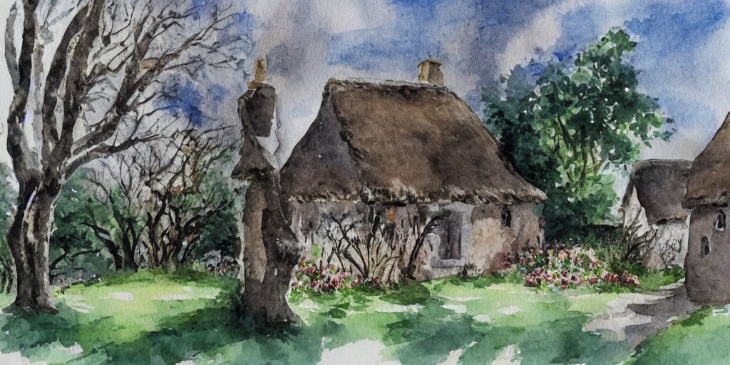 old thatched cottage with a front garden among the trees, watercolor 