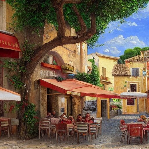 a traditional pizzeria in the street of a small village on the riviera. a terrace in the shade of a hundred - year - old olive tree, a friendly atmosphere around pizzas and rose wine. dolce vita. unreal engine rendering, hyper realist, ultra detailed, oil painting, warm colors, happy, impressionism, da vinci, 