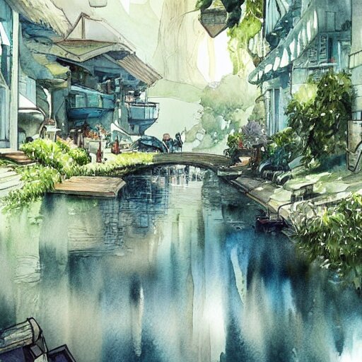 Beautiful happy picturesque charming sci-fi town in harmony with nature. Beautiful light. Water and plants. Nice colour scheme, soft warm colour. Beautiful detailed artistic watercolor by Vincent. (2022)