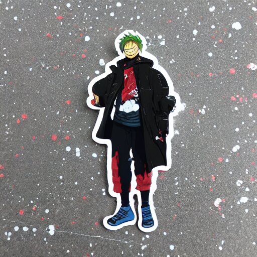 die cut sticker, luffy in techwear, splatter paint 