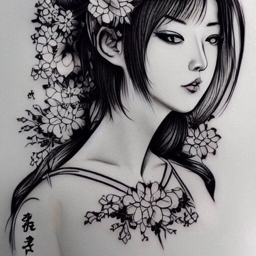 tattoo design, stencil, traditional, beautiful portrait of a Japanese girl with flowers in her hair, upper body, by artgerm, artgerm, digital art, cat girl, anime eyes, anime, sexy-s 100