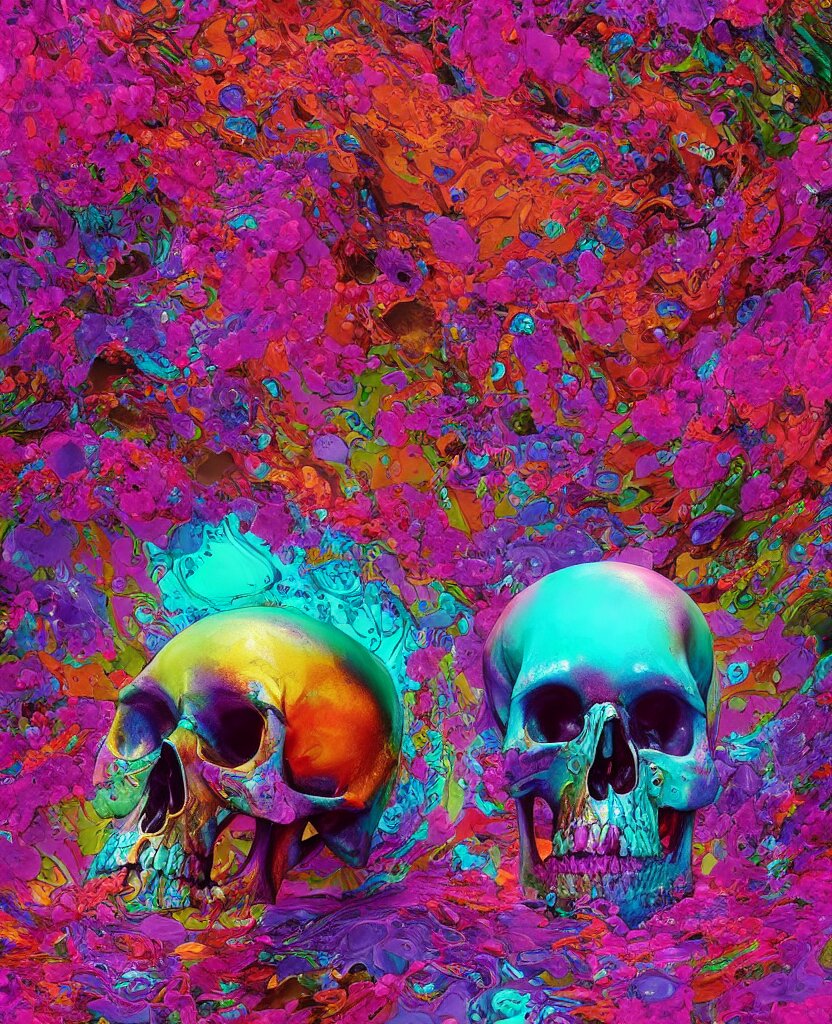 illustration of a colorfull melting human skull. flowers and blossoms, ferrofluids, burning water distortions. intricate abstract. intricate artwork. by tooth wu, wlop, beeple, dan mumford. octane render, trending on artstation, greg rutkowski very coherent symmetrical artwork. cinematic, hyper realism, high detail, octane render, 8 k, depth of field, bokeh. iridescent accents 