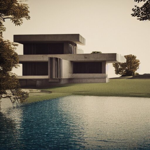 brutalist villa on edge of a lake, antoni gaudi and le corbusier, photorealistic, cinematic, volume light, rendered in octane, artstation