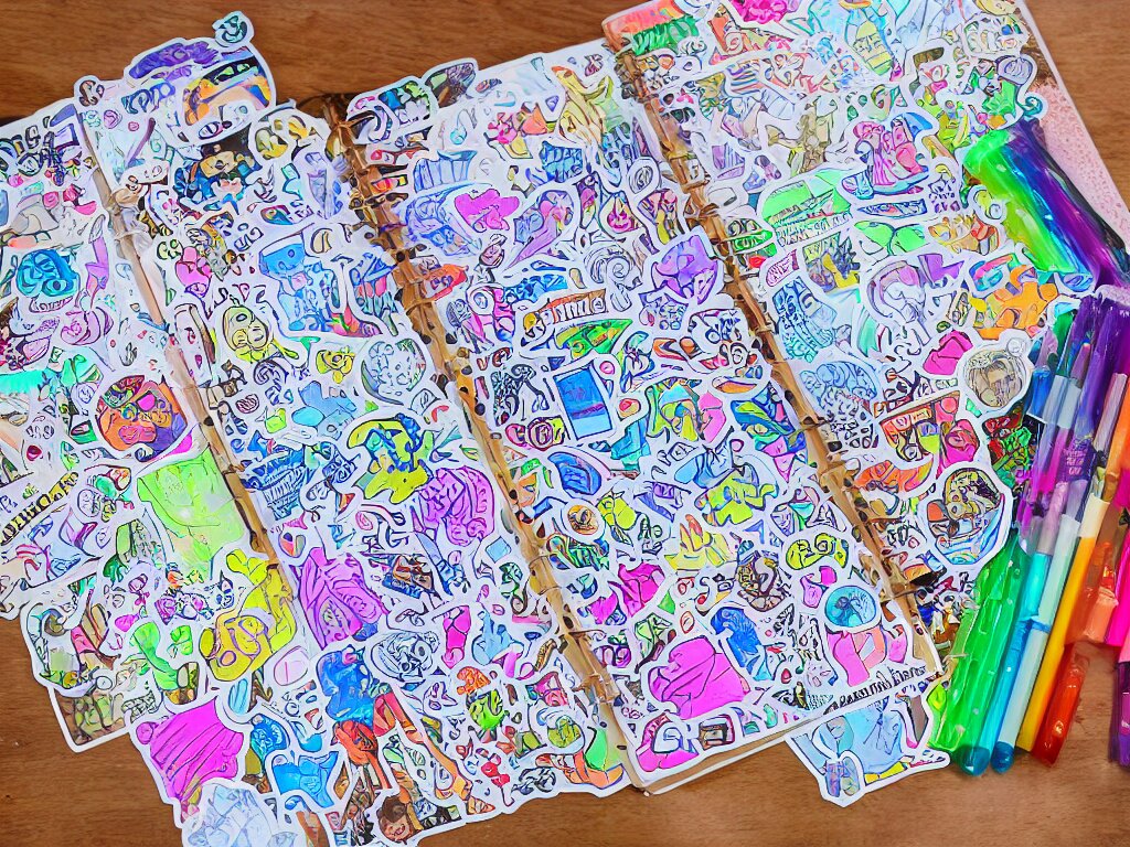 a school notebook covered in doodles, stickers, glitter, and holographic stickers