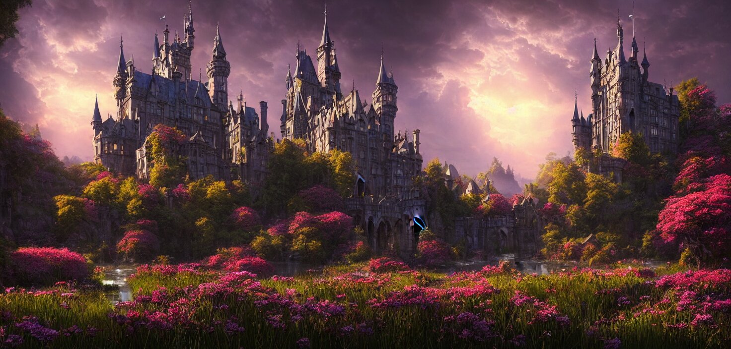 fabulous gothic castle surrounded by flowers, a castle by the river in the evening twilight, cinematic view, epic sky, detailed, concept art, low angle, high detail, warm lighting, volumetric, godrays, vivid, beautiful, trending on artstation, by jordan grimmer, huge scene, grass, art greg rutkowski 