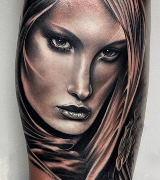 tattoo design on white background of a beautiful girl warrior, hyper realistic, realism tattoo, by eliot kohek 