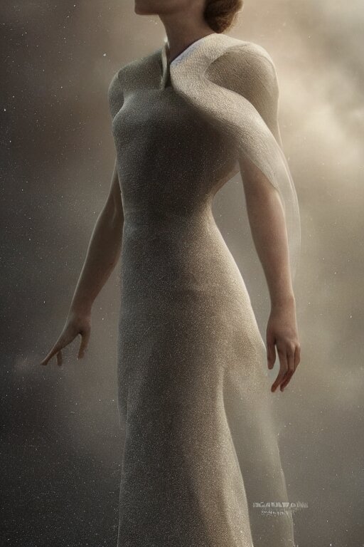 Elegant Beautiful dress Inspired by Interstellar with a Beautiful atmospheric background by Carlos Paboudjian. Ultra HD, Realistic. Octane Render, V-Ray. Hyper realism. Ultra Detailed. Sharp. 50mm, f/1.8