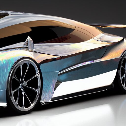 concept car with wings and iridescent paint, octane, grandure, highly detailed, reflective marble floor