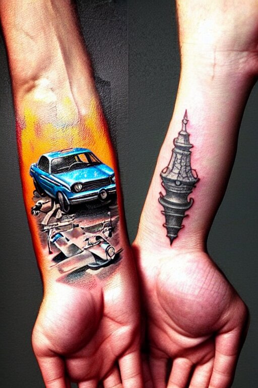 tattoo of lada car in mans hand, realistic, modern, intricate, elegant, highly detailed, digital painting, artstation, concept art, addiction, chains, smooth, sharp focus, illustration, art by ilja repin 