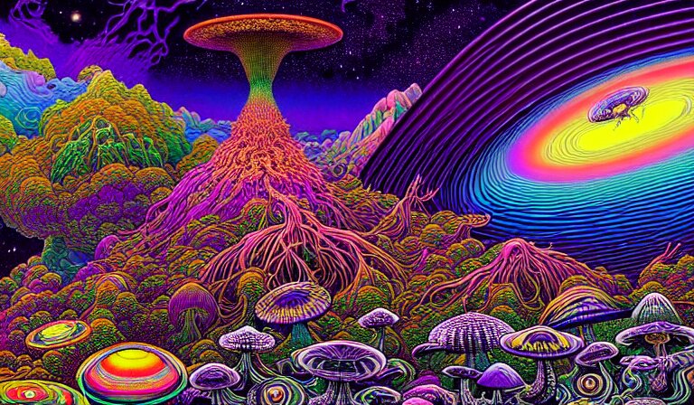 an expansive rendering of beautiful and complex ultimate void and black holes by dan mumford, by jim fitzpatrick, by joe wilson, by jim burns, by victo ngai, by jacek yerka, surrounded with colorful magic mushrooms and rainbowcolored marihuana leaves, insanely integrate, featured on deviant art, trending on artstation 