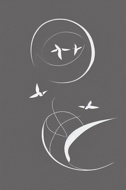 a beautiful tattoo design of minimalist swallows flying into spherical lines and simple basic shapes, black ink, abstract logo, line art 