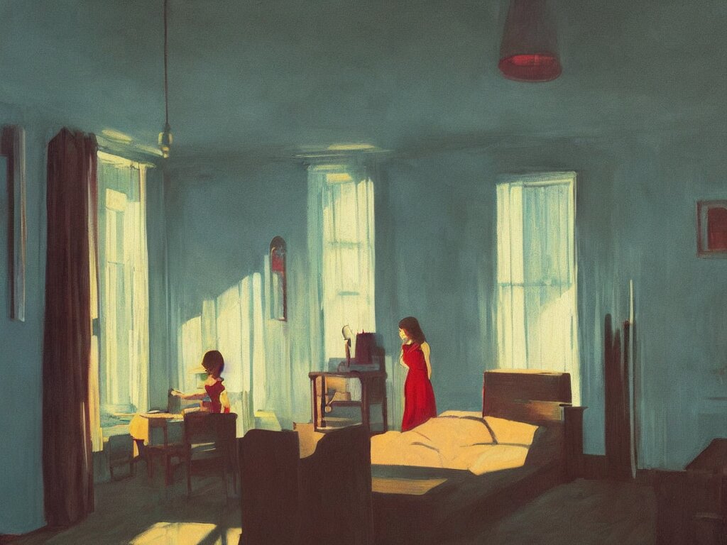 lone girl waiting inside a room, 7 0 s, stanley kubrick the shinning, american gothic, vibrant colors americana, cinematic, volumetric lighting, ultra wide angle view, realistic, detailed painting in the style of edward hopper and rene magritte 