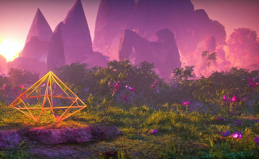 a crystal tetrahedron!!! in the middle of ancient ruins in a lush prehistoric jungle, inside a humongous cave, red and magenta flowers, sunset, godrays, orange and blue sky, haze, volumetric lighting, a high - quality render, photorealistic, unreal engine 5 