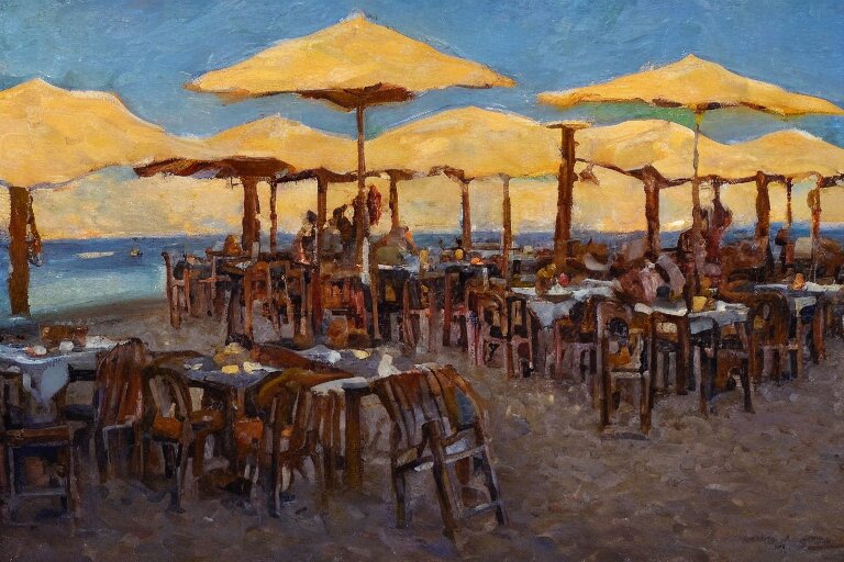 italian restaurant on the beach, dappled light, scott christensen 