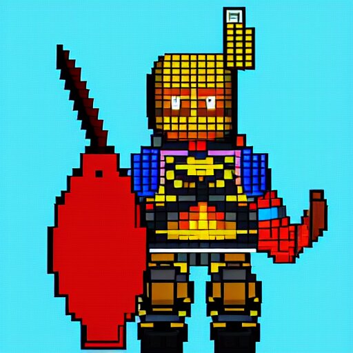 warrior wearing heavy plate armor and holding a giant sword, pixel art, vibrant colors, 