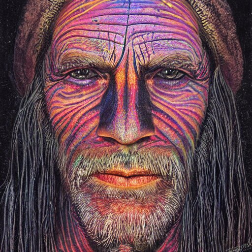 dark portrait of one Bioluminescent old shaman, with cracked reaction diffusion semi-transparent skin. multicolored fish scales, closeup. long dark hair with insects. realistic. intricate, very detailed, by alex grey and Moebius