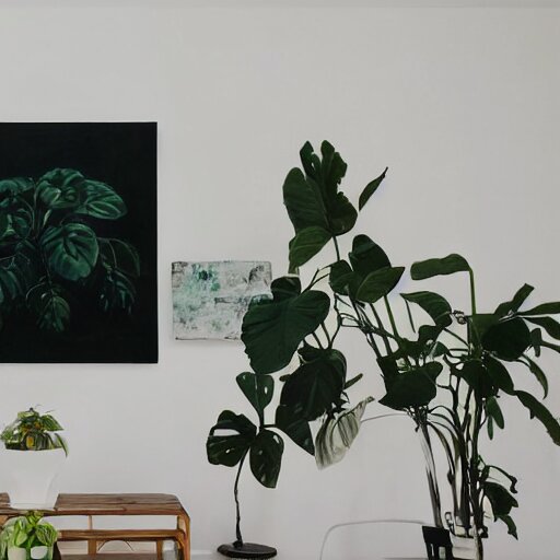 ! dream a living room with plants and speakers and a painting on the wall, a photorealistic painting by mollie forestier - walker, featured on tumblr, light and space, sanctuary, soft light, aesthetic 