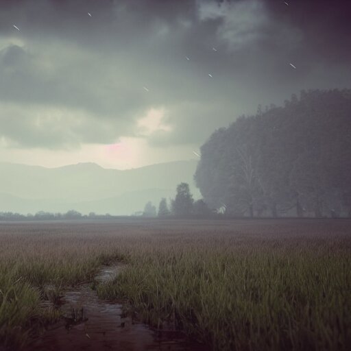 landscape field, hyperrealistic, cinematic, unreal engine 5, rain 