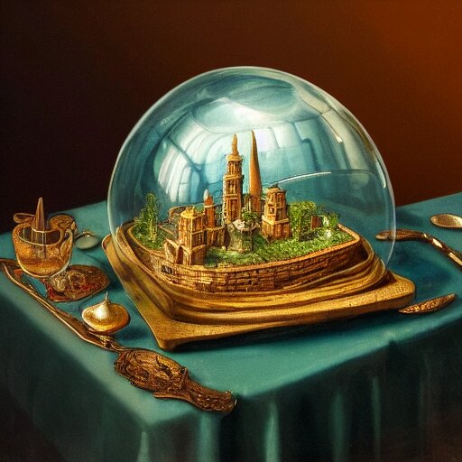 still life painting of a minature tabletop ancient city under a glass dome, by paulette tavormina and clara peeters and willem kalf, cool color - scheme with blues and greens, hyper realistic, super detailed, beautiful lighting 