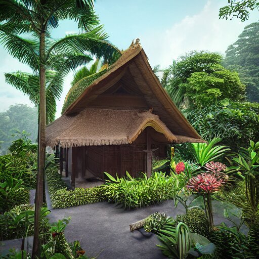 a beautiful 3d renderings of a little house in the jungle, Balinese architecture by SOM Architect, Studio Ghibli,. Architectural photography, 14mm, cinematic photography, high resolution 4k, cg architects, vray