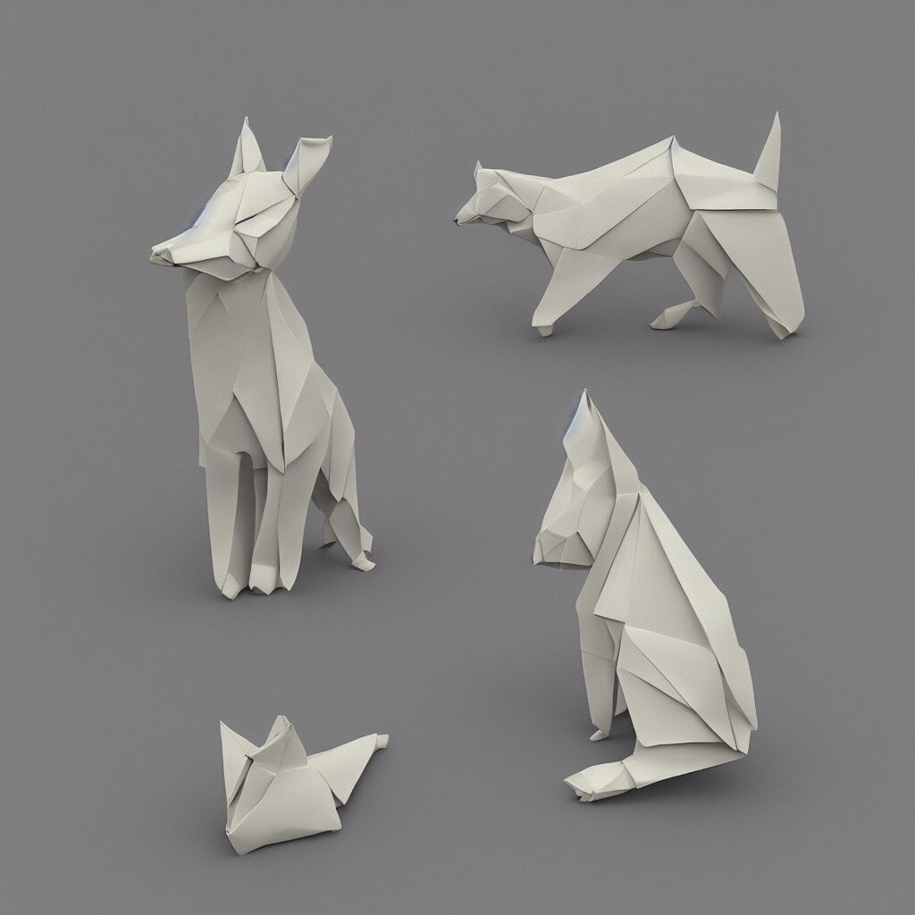 3 d rendering of paper japanese origami of simplified form of german shepherd, 2 d image 