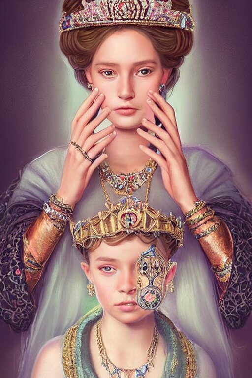 beautiful very detailed portrait of a young princess with lots of jewelry in the face, full body, in the background there is a minimalistic palace, digital art , dramatic cinematic lighting rendered by octane, 8k, detailed, intricate, clean and textures, trending on artstation, treanding on deviantart, trending on cgsociety, pinterest, by Lauren Brevner